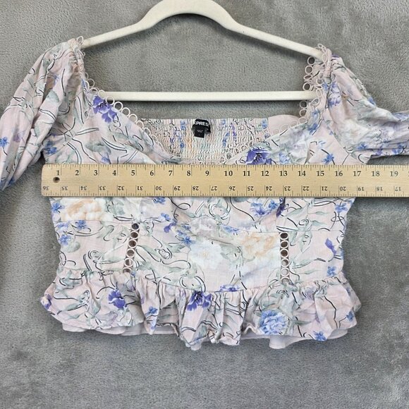 Express Blouse Womens Large Pink Floral Peplum Smocked Sweetheart Linen Blend - Picture 5 of 9